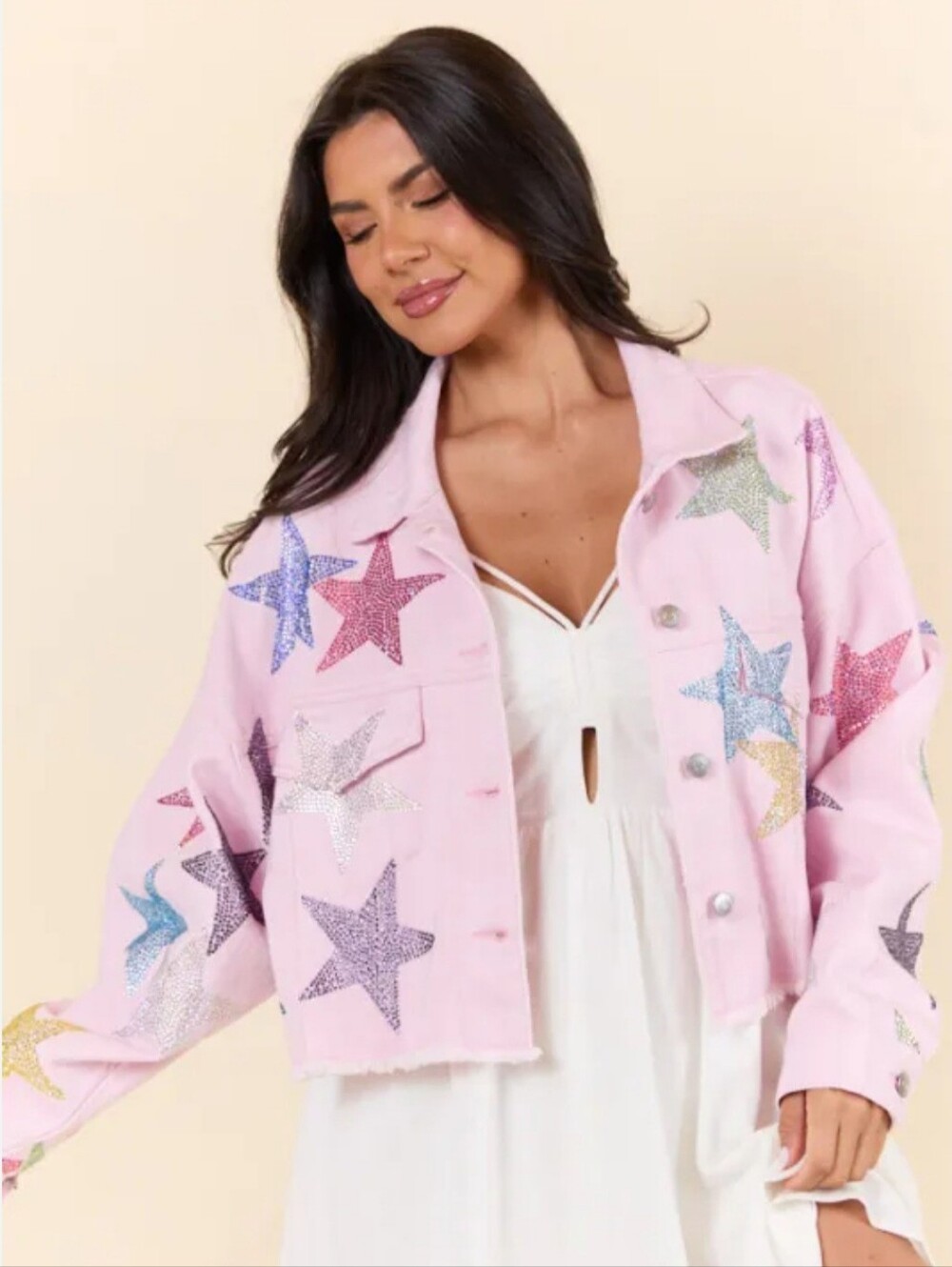 Peach Love PINK Rhinestone Star Jean jacket Small - Picture 1 of 10
